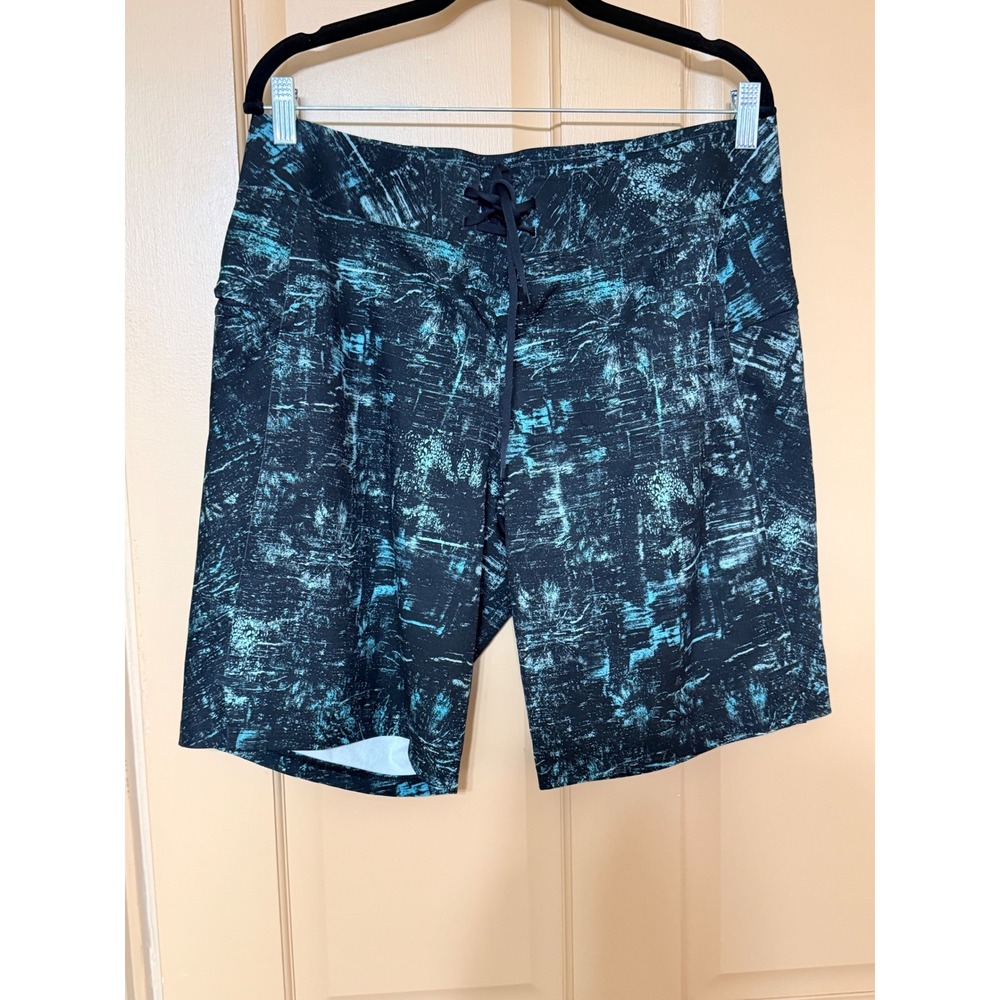 Lululemon Mens Board Shorts 32 Teal Black Abstract Print Swim Trunks 9.5 Inseam